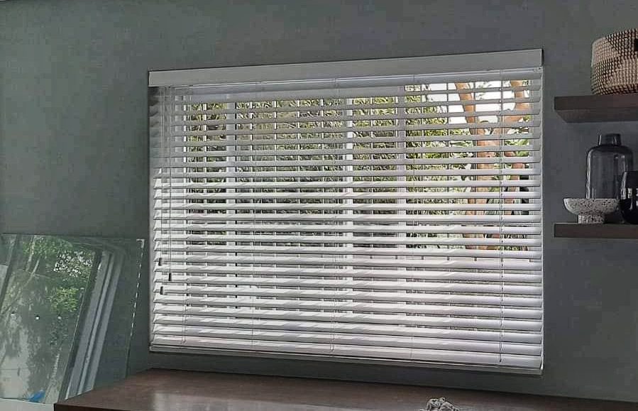 wooden venetian blind in a kitchen